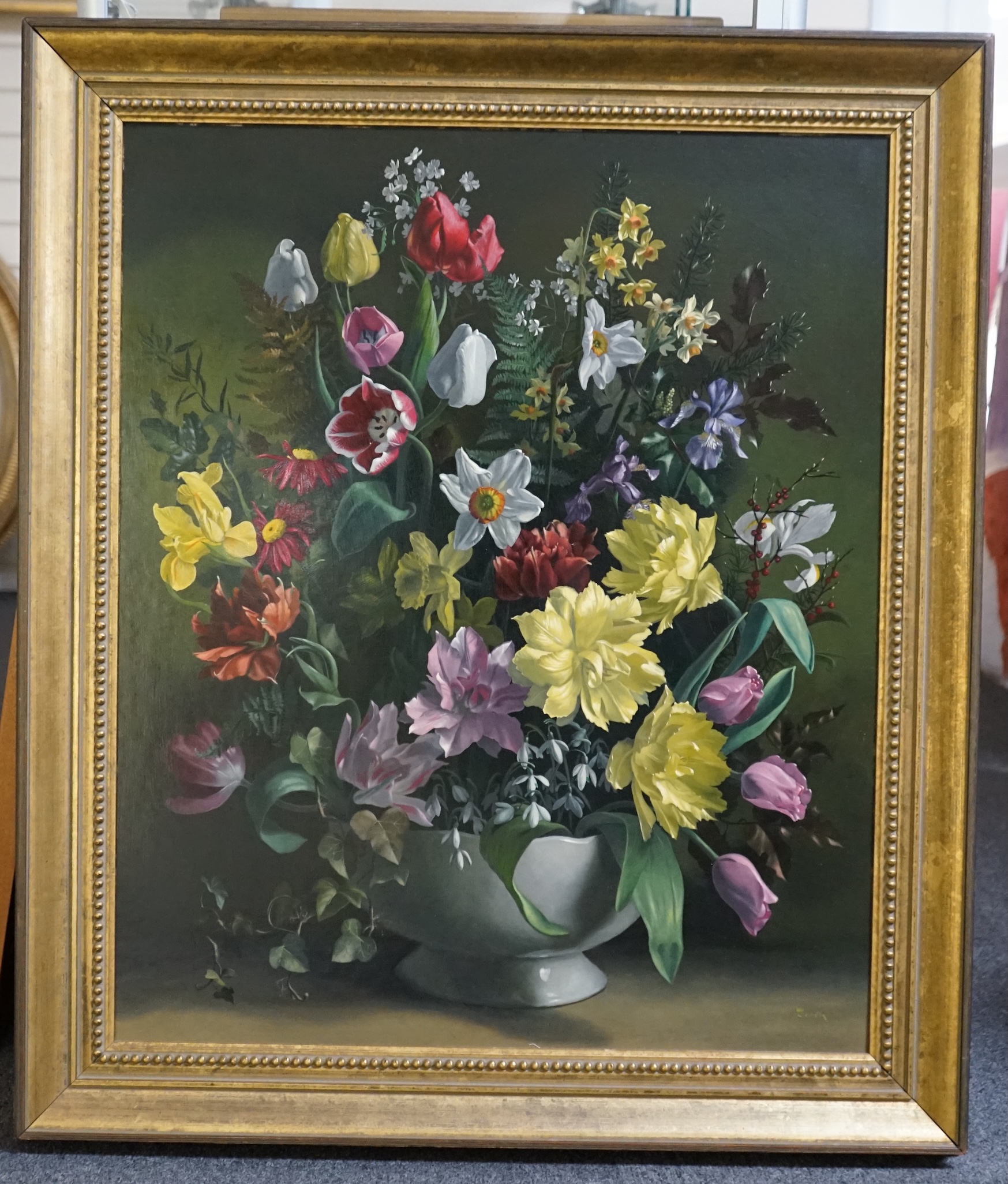 English School, 20th century , Still life of spring flowers on board, oil on board, 75 x 62cm